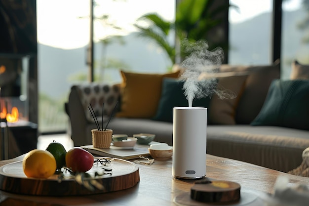 Un nuage de vapeur sur le diffuseur d'huile d'arôme automatique Lampe d'arôme électrique sur la table dans la pièce