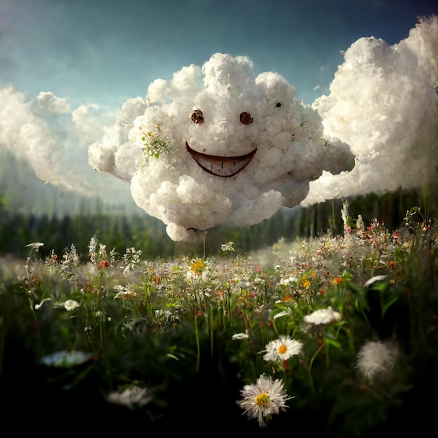 Un nuage avec un visage fait de nuages blancs avec un sourire dessus.