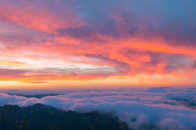 les nuages au dessus des montagnes sont magnifiques avec un lever de soleil et une ambiance très harmonieuse