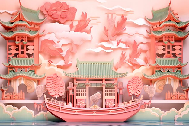 Nuages de bon augure et fleuve Yangtze avec de nombreux bateaux Une illustration d'artisanat en papier Kirigami multidimensionnel dans le style de peinture traditionnelle chinoise AI Générative