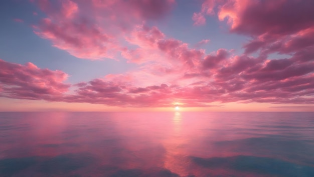 Des nuages cirrus teintés de rose par le soleil au coucher du soleil sur un océan bleu calme