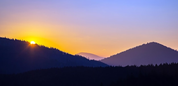 Nuages colorés dans le ciel au coucher du soleil sur fond de forêt montagneuse