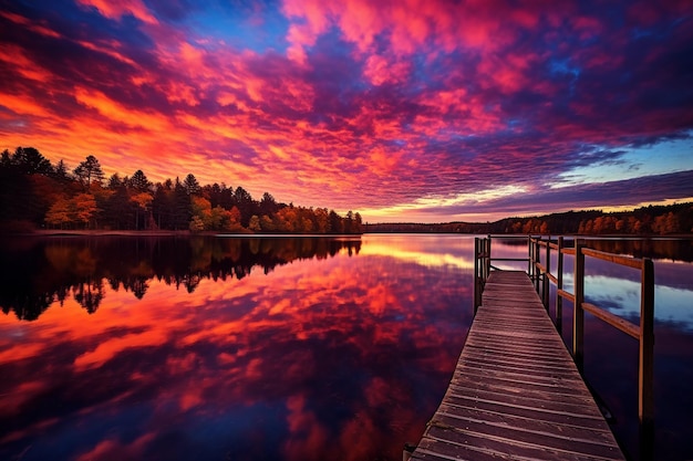 Les nuages colorés du lever du soleil d'automne au-dessus du lac