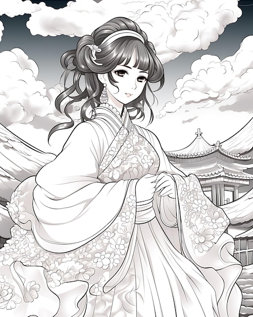 Des nuages et une dame Hanbok à colorier