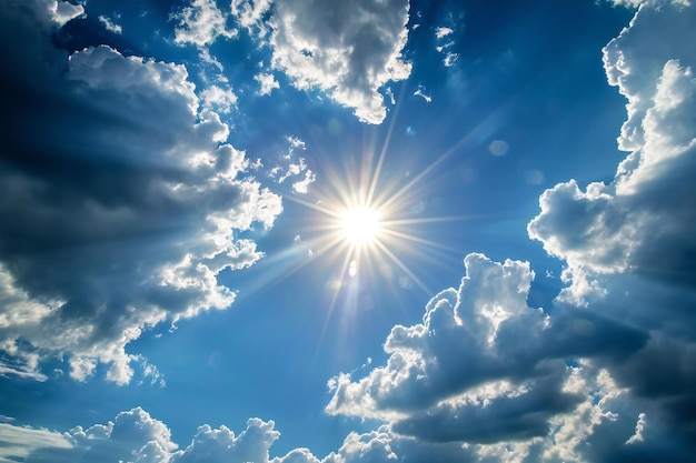 Des nuages dans le ciel bleu avec des rayons de soleil et des flammes de lentilles