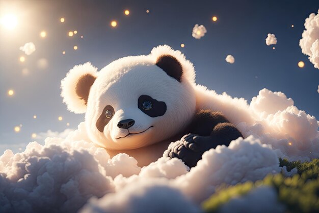 Nuages duveteux célestes et grand panda endormi doux génératif