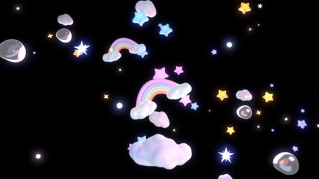 Nuages et étoiles arc-en-ciel de dessin animé rendu 3D dans le ciel nocturne