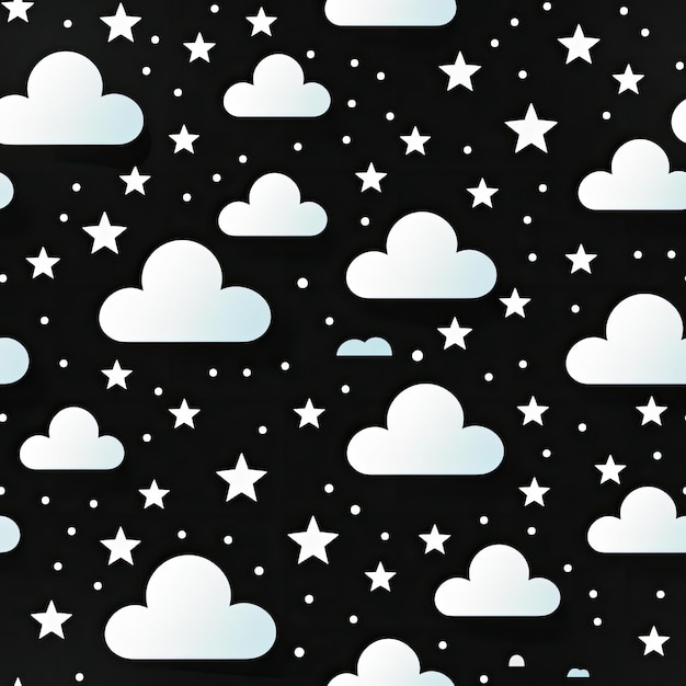 Des nuages et des étoiles rêveuses dans un motif monochromatique sur un fond noir carrelé