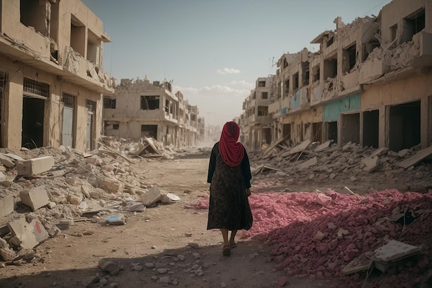 Des nuages de fumée de guerre entre Palestine et Israël s'élèvent au-dessus d'un homme détruit à Gaza qui se promène dans une ville endommagée