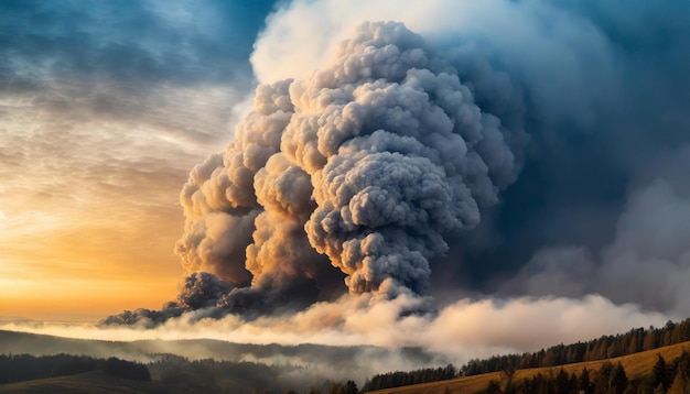 Des nuages de fumée massifs s'élèvent contre le ciel, représentant le danger environnemental et la crise de la pollution.