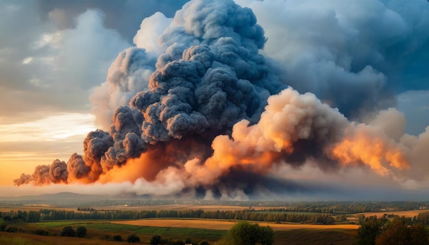 Des nuages de fumée massifs s'élèvent contre le ciel, représentant le danger environnemental et la crise de la pollution.