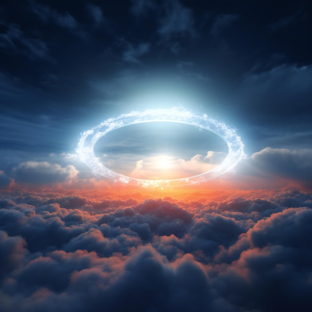 Photo des nuages gonflés avec un cercle lumineux dans le ciel avec des lumières transparentes translucides