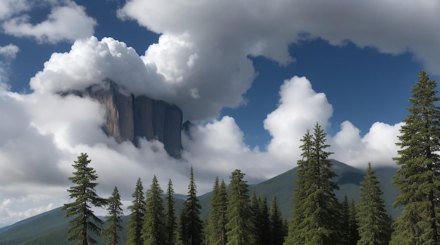 Nuages et grands arbres sous d'immenses montagnes