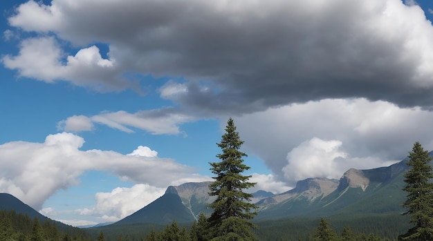 Nuages et grands arbres sous d'immenses montagnes