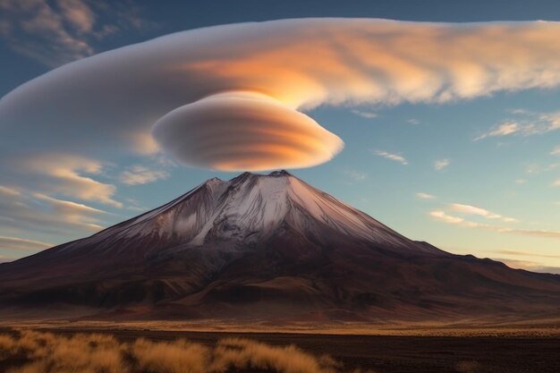 Des nuages lenticulaires planant au-dessus d'un sommet volcanique créé par l'ai génératif