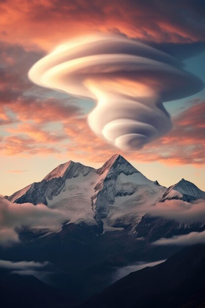 Nuages lenticulaires planant au-dessus des sommets des montagnes créés avec l'IA générative