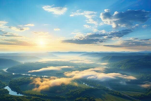 Des nuages moelleux au-dessus de la rivière et de la forêt Brouillard au-dessus Vue aérienne du drone AI générative Art Beau
