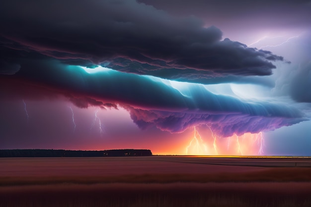 Nuages d'orage dramatiques avec des éclairs sur le terrain