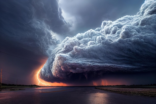 Nuages d'orage drapés sur la route goudronnée dans l'illustration 3D du ciel