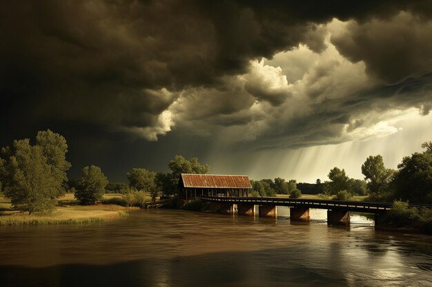 Des nuages d'orage se rassemblent sur un pont couvert rural.