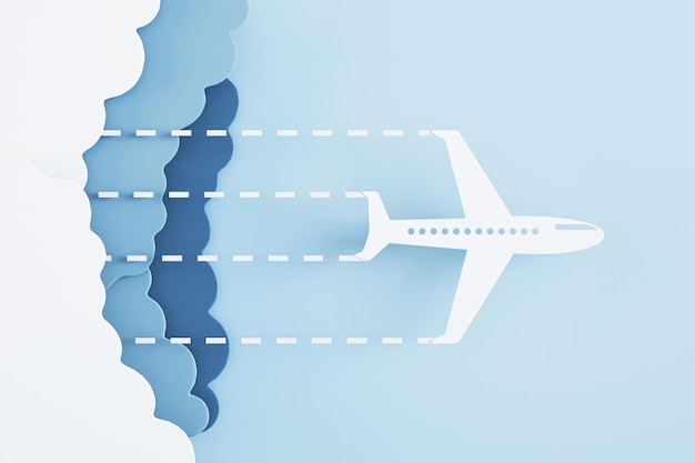 Photo nuages de papier abstrait et avion volant sur fond bleu concept de transport et d'avion de voyage rendu 3d