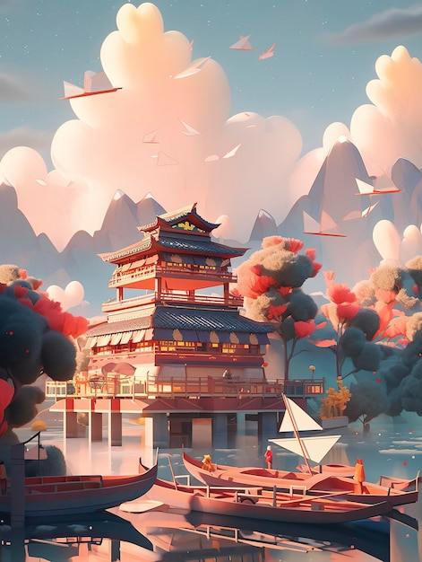 Des nuages propices et le fleuve Yangtze avec de nombreux bateaux Une illustration d'artisanat Kirigami sur papier multidimensionnel dans le style de peinture traditionnelle chinoise