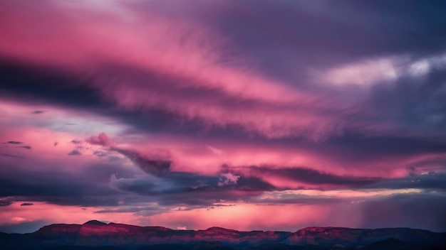 Des nuages roses et pourpres au coucher du soleil, un ciel avec de longs volets, un crépuscule majestueux.