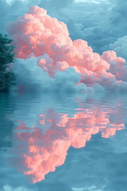 Des nuages roses se reflètent sur un lac calme.