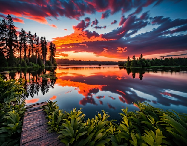 Photo nuages rouges coucher de soleil paysage naturel magique forêt arbre lac eau papier peint photo de fond