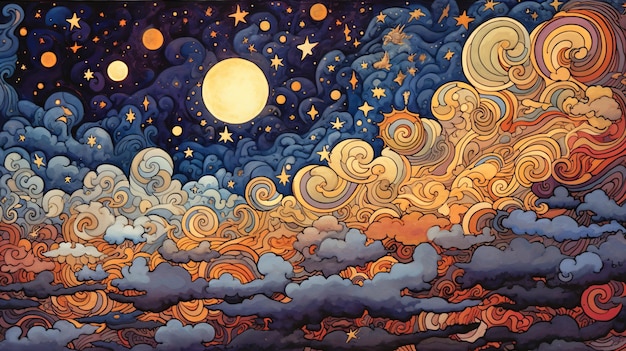 nuages soleil étoiles et lune illustration fond d'écran