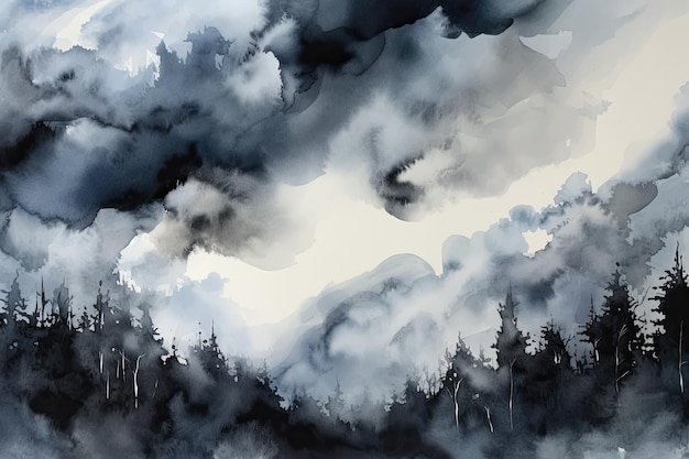 Nuages sombres à l'aquarelle dans les tons de gris et de noir avec une touche de bleu