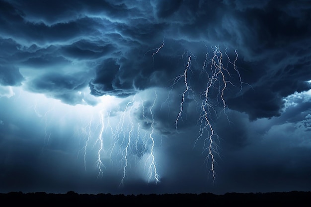 Nuages sombres avec des précipitations et des éclairs de tonnerre en arrière-plan