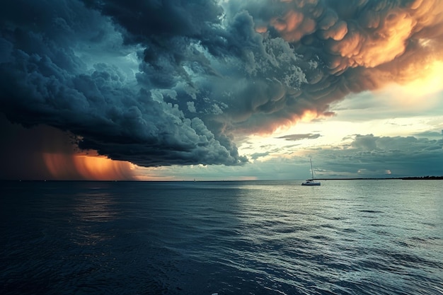 Des nuages sombres se rassemblent, des éclairs frappent et la pluie tombe violemment, signalant une tempête imminente.