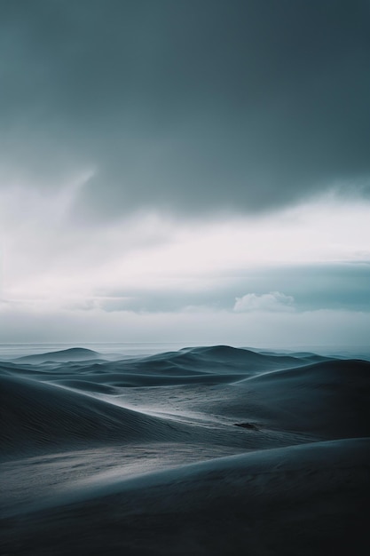 Photo des nuages sombres sur une vaste étendue de dunes de sable dans la distance générative ai