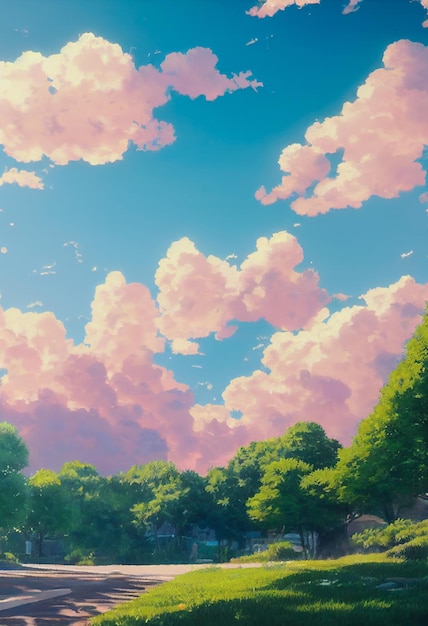 Nuages spectaculaires dans un magnifique jardin naturel rural. Une illustration dans une animation d'arrière-plan Anime