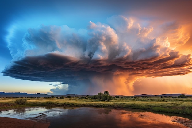 Des nuages spectaculaires se dressent à l'horizon.