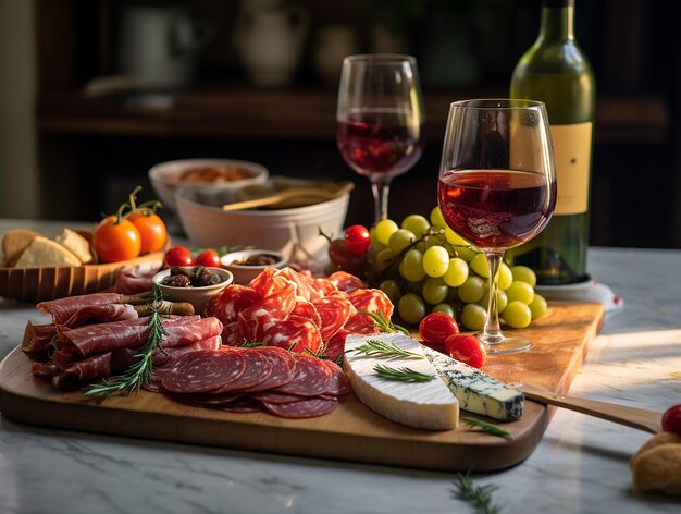 Photo les nuances douces du plateau de charcuterie et la sélection gourmande