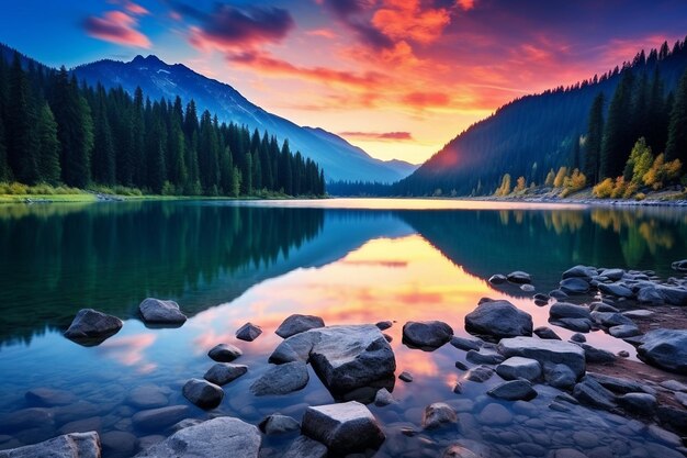 Photo les nuances du crépuscule se reflètent dans le lac alpin au coucher du soleil