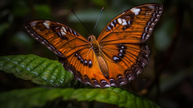 Nuances lumineuses dans les ailes d'un papillon sur fond de feuilles sèches générées par l'IA