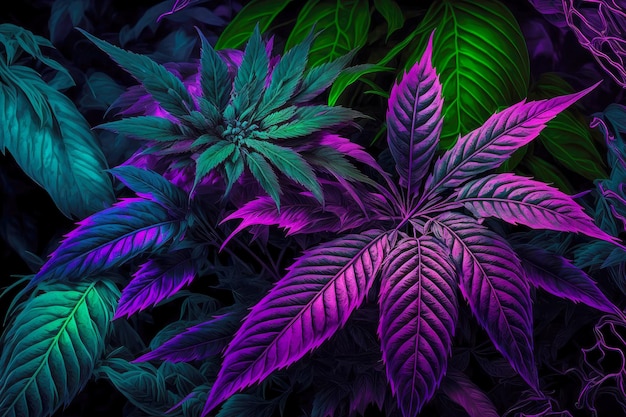 Nuances vertes et violettes dans les feuilles des plantes de cannabis