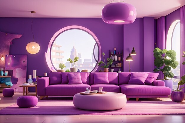 Des nuances violettes vives dans le salon moderne