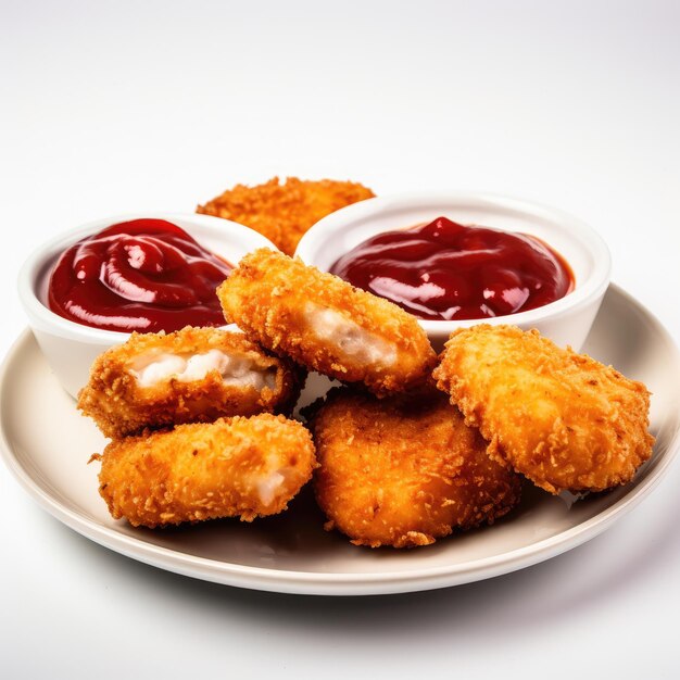 Des nuggets délicieux avec du ketchup dans une assiette isolée sur un fond blanc des nuggets de poulet savoureux