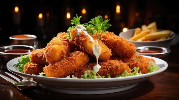 Photo des nuggets de poulet croustillants avec de la mayonnaise sur une assiette avec un fond flou