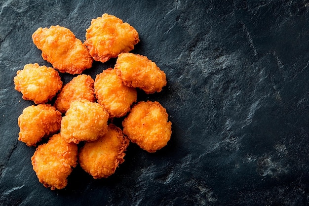 Des nuggets de poulet croustillants d'or disposés sur une assiette d'ardoise sombre invitant à une indulgence savoureuse