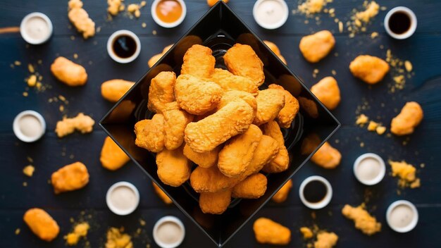 Photo des nuggets de poulet délicieux sur un plateau noir sur une surface de couleur foncée avec de l'espace libre