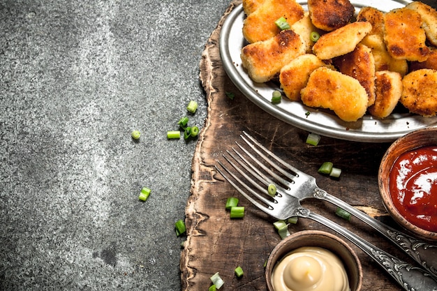 Nuggets de poulet avec diverses sauces.