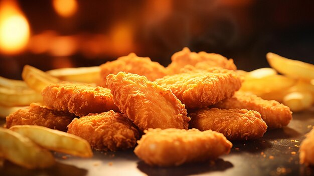 Des nuggets de poulet dorés, frits, battues et croustillantes, des nuggets délicieux et crispés.