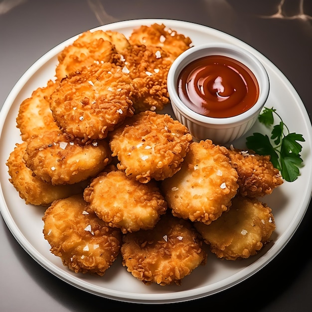 Des nuggets de poulet avec du ketchup.