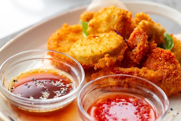 Nuggets de poulet frits avec sauce servis sur table