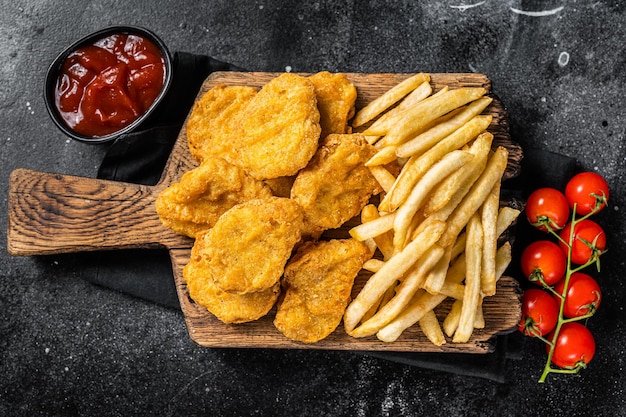 Nuggets de poulet avec ketchup et frites sur planche de bois. Fond noir. Vue de dessus.